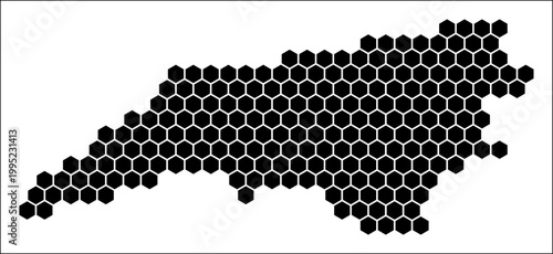 North Carolina simple black and white hexagon map shape template. State plain hexagon cell dots. North Carolina flat honeycomb boundary. Vector Illustration.