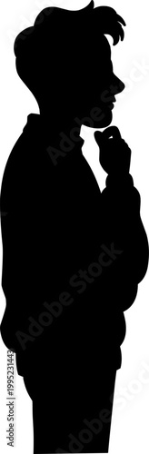 a pensive male character pondering an idea or problem. Concept for mental health, decision making, philosophy, and creativity. Solid black silhouette.