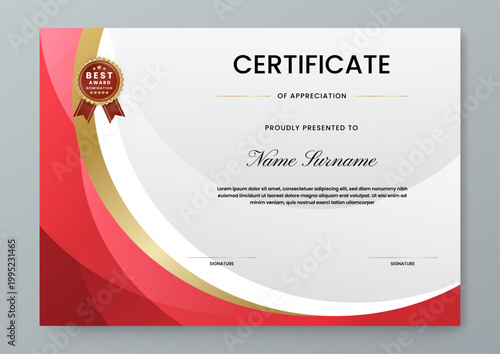 Horizontal award certificate template featuring a sophisticated red wave design and gold seal for corporate and academic recognition
