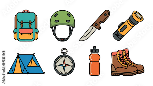 Assorted camping gear and hiking tools
