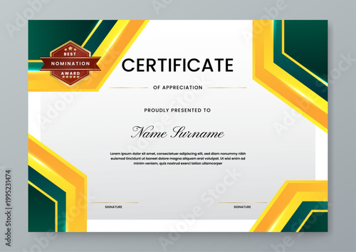 Modern landscape award certificate featuring striking green and gold shapes with a professional hexagon nomination badge design