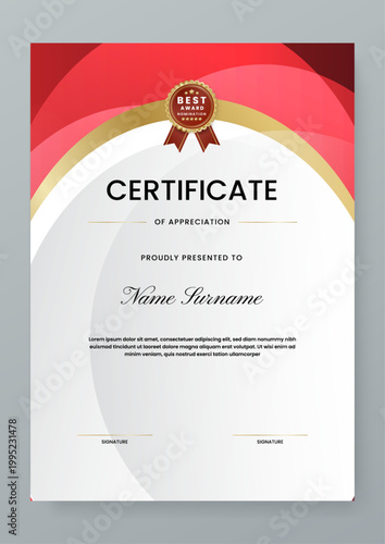 Portrait orientation certificate template with professional red abstract curves and gold nomination seal for excellence and achievement