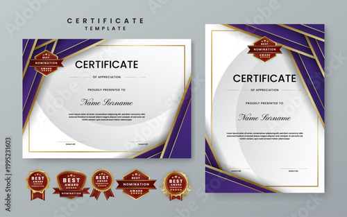 Premium certificate design featuring royal purple and gold frames with a collection of award seals