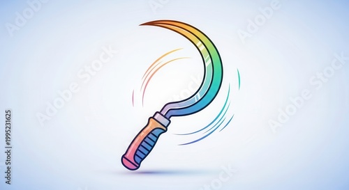 Vibrant rainbow sickle vector illustration depicting agricultural harvest tool with dynamic motion