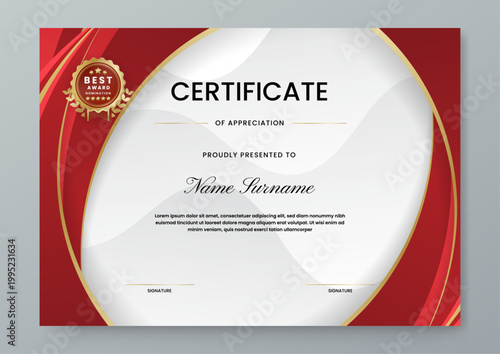 Elegant red wavy design certificate with golden frame and best nomination award seal for recognition