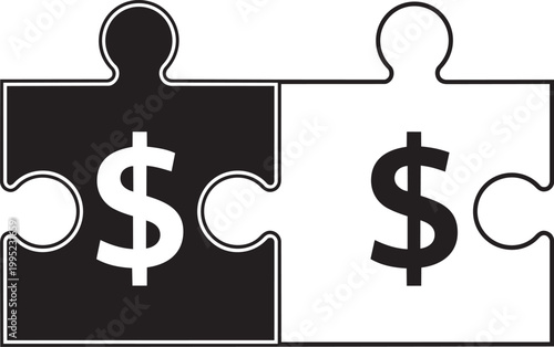 Two puzzle pieces with dollar signs interlocking for financial cooperation and investment partnership.