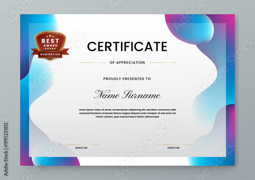 Horizontal certificate of appreciation featuring blue and magenta gradient fluid elements and professional gold nomination emblem