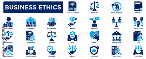 Business Ethics icon collection. Contains icons for ethics, responsibility, transparency, integrity, fairness, law, morality, honesty, values. Flat vector illustration.