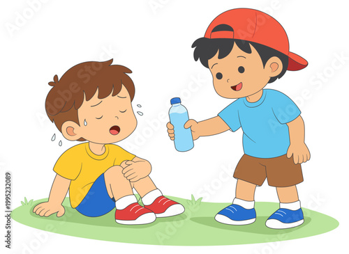 Kid giving water to thirsty friend, kindness and helping concept