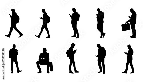 Man Using Smartphone Silhouette Set, People Walking Standing and Sitting with Mobile Phone Vector Illustration