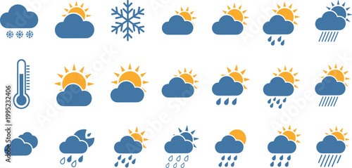 Weather forecast icon set featuring 21 flat vector designs for temperature sun rain snow and clouds for mobile app interface and meteorology design.