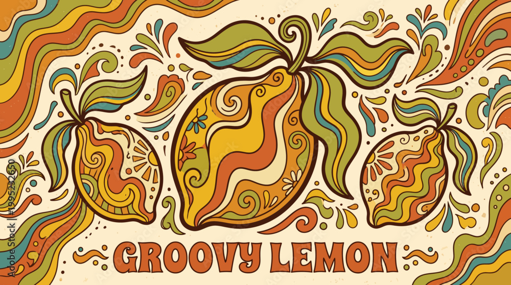 Obraz premium Psychedelic Retro Illustration Featuring Three Decorative Groovy Lemons.