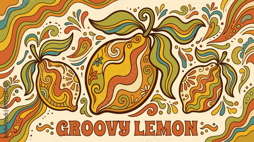 Psychedelic Retro Illustration Featuring Three Decorative Groovy Lemons.