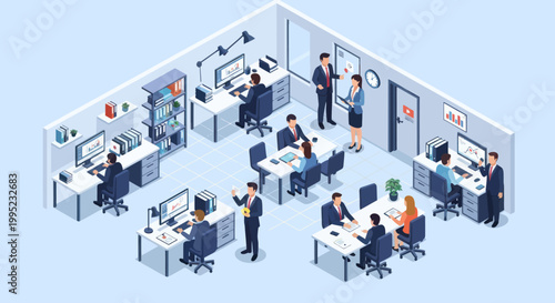 People working in office cubicles.