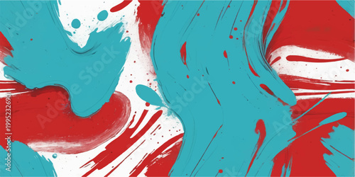 Abstract watercolor background with red and blue paint ripples featuring a grunge vector illustration of a woman among nature flowers and sea fish in a colorful summer art design pattern