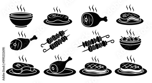 Hot food icons set featuring grilled meat, steak, shish kebab, and soup.