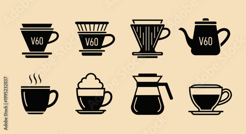 Minimalist black coffee brewing icons including V60 drippers and kettles