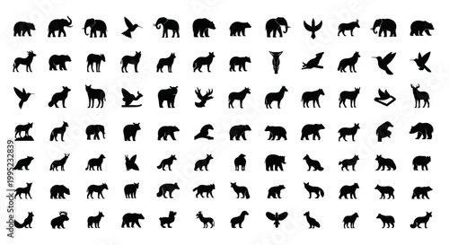 Large collection of black wild animal silhouettes on white background