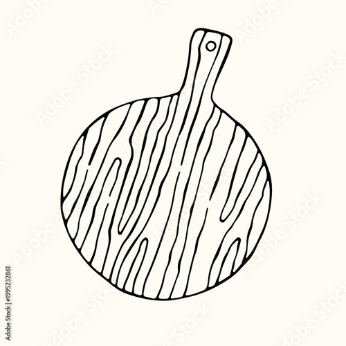 Round wooden cutting board with a detailed organic wood grain texture and handle. Authentic hand drawn vector art ideal for organic food packaging and restaurant menu designs
