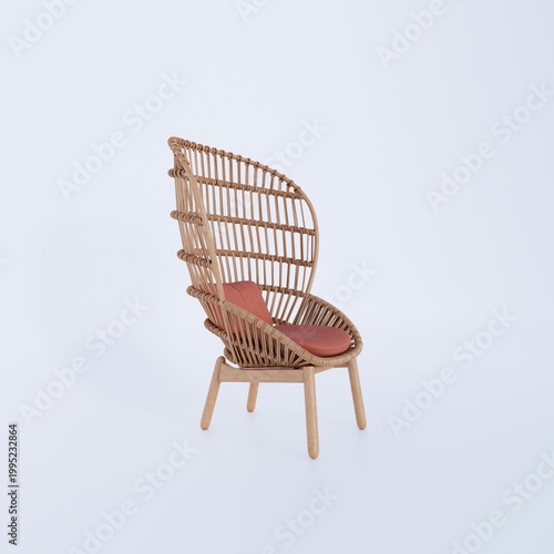 Foto Modern wicker chair with high backrest and red cushion on white background