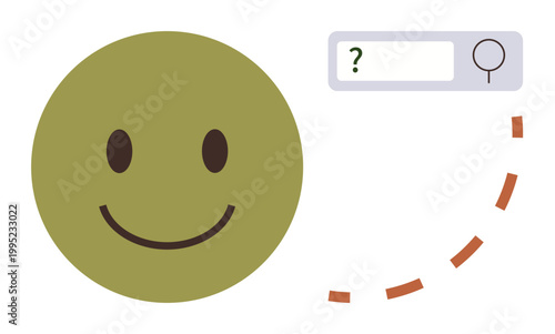 Online exploration, user interface, positive emotions, searching, user experience, technology. A smiling face beside a search bar and dotted arrow. Online exploration and user interface concept