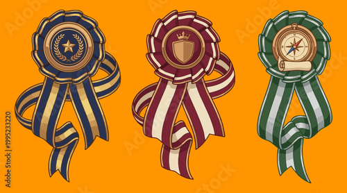 Three colorful award rosettes featuring detailed star and shield and compass emblems created as a professional vector graphic design illustration