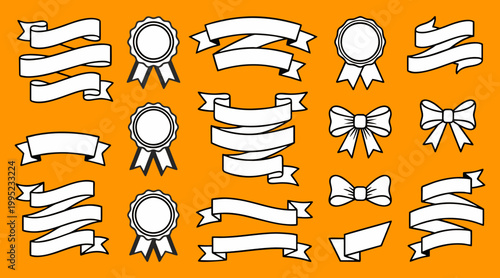 Decorative ribbon banners and award seal vector graphic set isolated on orange background for professional design and elegant project branding
