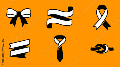 A graphic illustration collection of black and white ribbon symbols and a tie, presented on an orange background.
