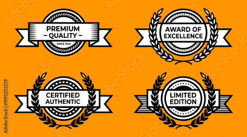 Collection of four distinct vector graphic award seal illustrations representing premium quality, certified authentic, award of excellence, and limited edition products.