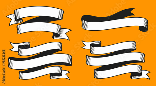 Vintage decorative ribbon banners in black and white vector illustration on an orange background for graphic design elements