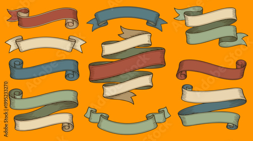 Vintage vector illustration showcasing a collection of ornate ribbon banners in various styles and muted color palettes