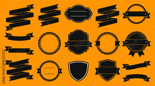 Diverse set of flat black vector ribbons and vintage emblems isolated on an orange background for your creative graphic designs