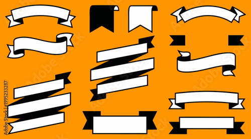 Collection of diverse vector ribbon banners and design elements displayed on a vibrant orange background for various creative graphic projects