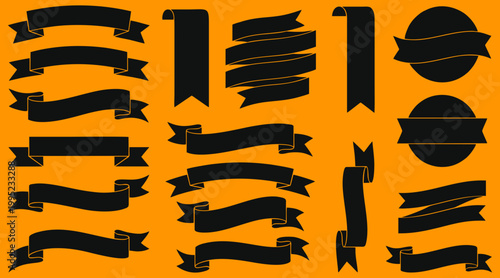 Collection of black ribbon and banner vector graphic elements isolated on orange background for design purposes