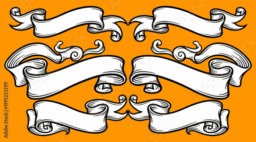 A collection of vintage-style blank white banner illustrations with bold black outlines on a vibrant orange background ideal for graphic design projects.