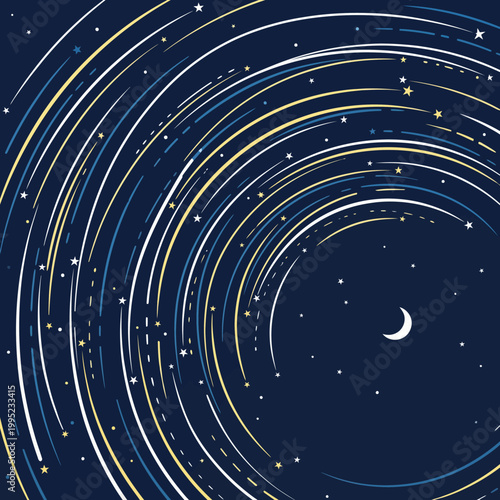 Stylized Celestial Star Trails with Crescent Moon on Navy Blue Background