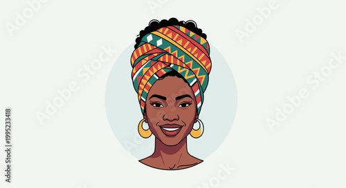 Portrait of a smiling Black woman wearing a vibrant traditional African headwrap and golden hoop earrings.