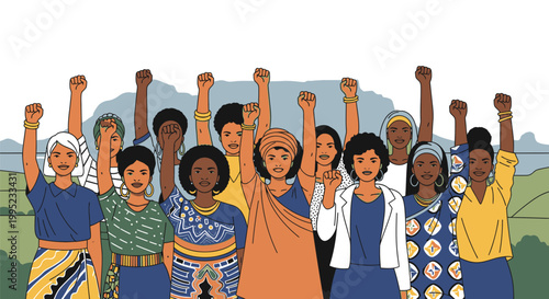 Diverse group of women raising their fists in unity and protest.