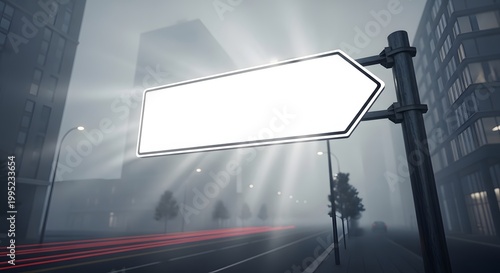 Blank Directional Signpost in a Moody Cityscape with Light Rays.