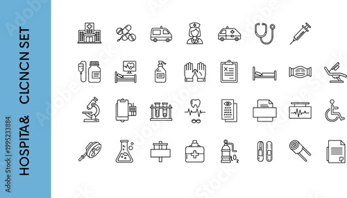 Hospital and clinic outline icon set with medical equipment ambulance diagnosis treatment pharmacy patient monitoring emergency healthcare services vector collection