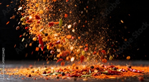 Explosion of Mixed Spices and Peppercorns Falling with Dramatic Lighting