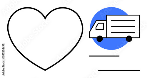 Logistics, delivery services, online shopping, transportation, customer satisfaction, commercial operations. White heart outline and delivery truck in blue circle. Logistics and delivery services