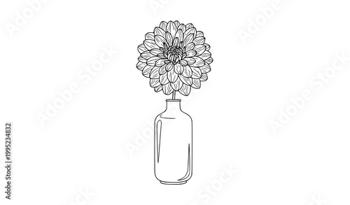 Dahlia flower in simple vase black and white line art vector illustration minimal floral design isolated on white