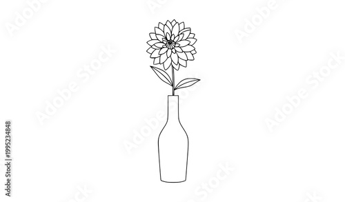 Minimal dahlia flower in tall vase black and white contour line vector illustration modern floral design isolated on white