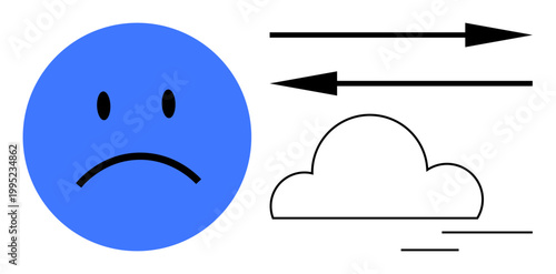 Sadness, emotions, mental health, mood , weather metaphor, abstract concepts. Blue sad face with arrows pointing to a cloud. Sadness and emotions conveyed in a minimalistic form