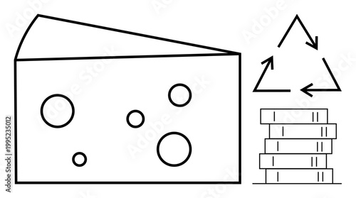 Sustainability, food waste reduction, educational concepts, cheese industry, product branding, eco-friendly living. A cheese slice, recycling symbol, and stack of books in illustrated form