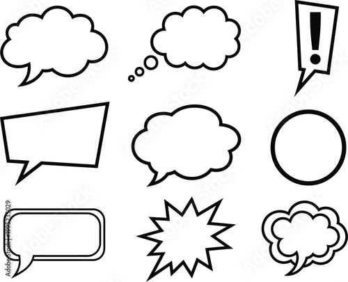 Assortment of comic speech bubbles thought clouds an exclamation mark icon text box collection dialogue communication illustration thinking annotation template placeholder background