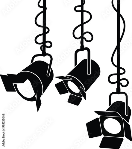Three black silhouette spotlights hanging from cables with stage light black and white spotlight lighting performance equipment silhouette illumination decoration contrast illustration