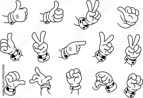 Compilation of cartoon hands displaying different gestures including thumbs up peace sign pointing fist with thumbs up victory sign hand signals body language gestures collection thumbs