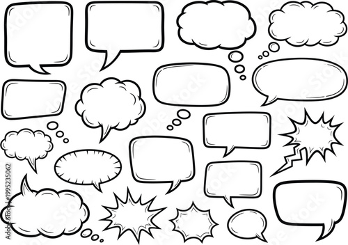 Large collection of diverse empty hand-drawn speech and thought bubbles with speech bubble dialogue conversation communication collection thinking question exclamation illustration template